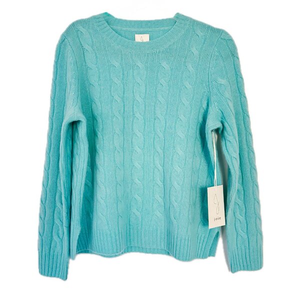 Joie 100% Cashmere Cable Knit Crew Neck Sweater Aqua Pullover Womens M NEW - Picture 2 of 12